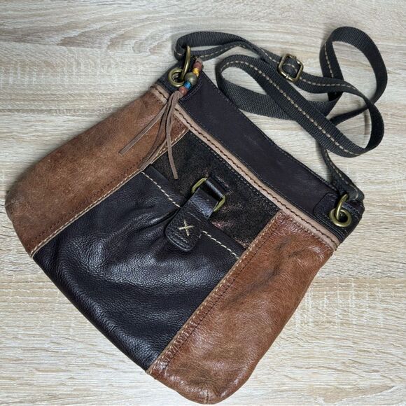 The Sak Women Brown Leather Crossbody Shoulder Bag Adjustable Canvas Strap Boho - Picture 1 of 11